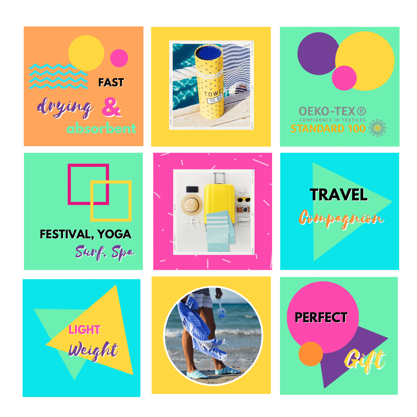 Neon Beach Towel with Recycled Gift Box, Recycled Cotton, Green, Blue